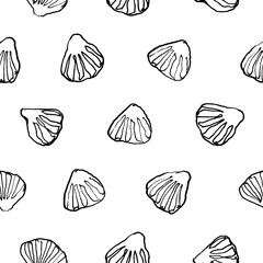 Graphic hand drawn pattern with shells in sketch style on white background
