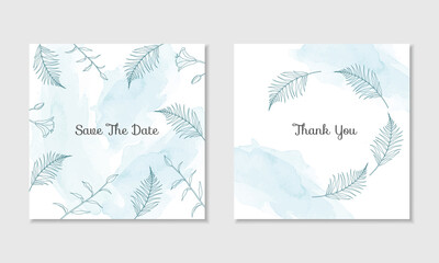 Vector watercolour set of two cards with Save The Date and Thank You Signs. Floral ornament, white background
