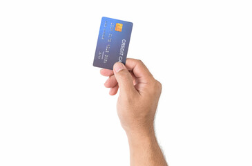 Hand man holding credit card isolated on white, business and money for shopping online