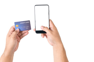 Obraz na płótnie Canvas Hand man holding mobile phone and credit card isolated on white