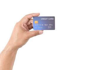 Hand man holding credit card isolated on white,