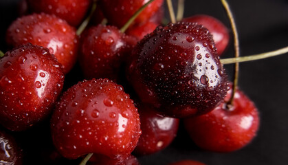 Fresh red cherries with water droplets closeup on black