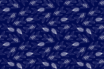 Seamless pattern of stylized fish on blue background in doodle style. Can be used for scrapbook digital paper, textile print, wallpaper, wrapping paper. Vector hand drawn illustration.