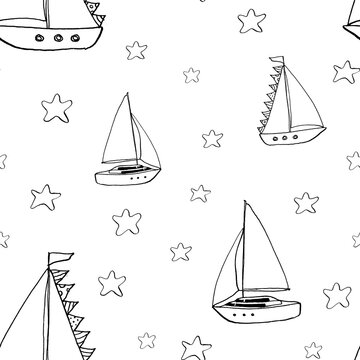 Line art hand drawn pattern with yachts and stars on white background