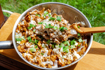 fried mushrooms. chanterelles with onions and herbs in a pan