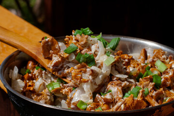 fried mushrooms. chanterelles with onions and herbs in a pan