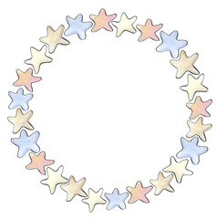 Watercolor ring frame wreath of hand-drawn sea shells in sketch and doodle style on white background