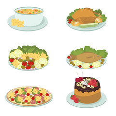 Set of delicious food dishes for the menu. Vector illustration for design.