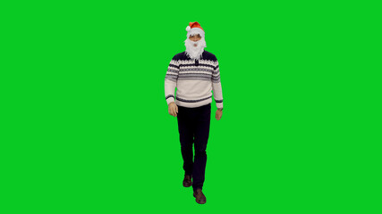 A man in Santa Claus hat with a white beard walks on green screen background, Front view, Chroma key