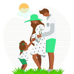 happy young family resting in nature pregnant mom, dad and little daughter