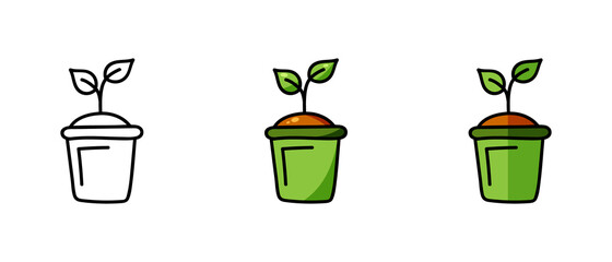 This is a set of icons with a different style of sprout in a pot. Contour and color symbols of a sprout in a pot. Freehand drawing. Stylish web site solution.