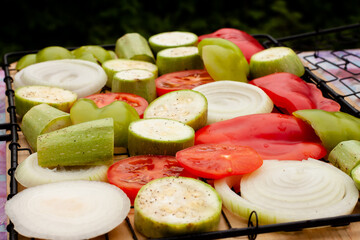 salt and pepper, sliced vegetables. pepper, onion, tomato.