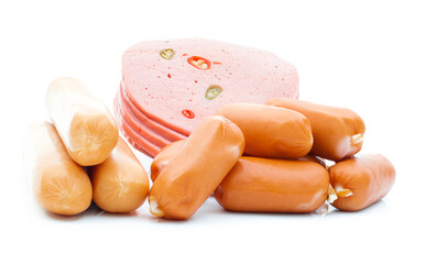 Fresh sausages on white background.