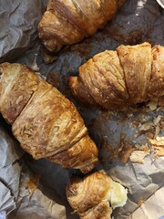 Delicious fresh croissants on a picnic macro