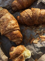 Delicious fresh croissants on a picnic macro