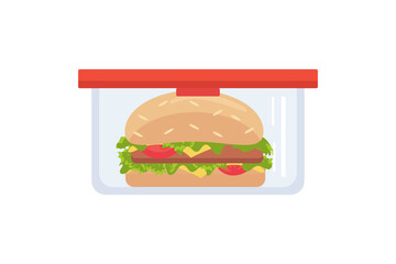Lunch box meal container with hamburger. School meal children stock vector illustration in flat cartoon style isolated on white background.