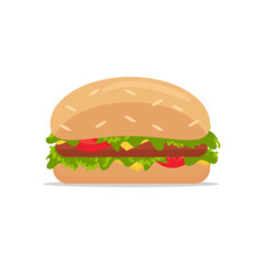 Hamburger icon of fast food. Vector stock illustration in flat cartoon style . Hamburger with cheese, tomato, meat and vegetables isolated on white background. 