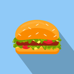 Hamburger icon of fast food with long shadow. Vector stock illustration in flat cartoon style . Hamburger with cheese, tomato, meat and vegetables isolated on blue background. 