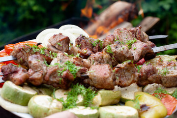 a tray with meat on skewers sprinkled with herbs on grilled vegetables