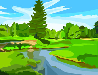 Fototapeta na wymiar Vector image of nature. Rectangular landscape with forest, meadow and river for interior decoration or print. Flora in summer open spaces.