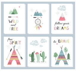 Set of cute cards with hand drawn decorative phrases be brave, wild and free, follow your dreams, free spirit mountain, dream catcher, cactus, clouds in indian tribal style. Vector illustration