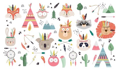 Big set with cute tribal inidan animals faces bear, bunny, fox, owl, panda, koala, lion, wigwam teepee, arrows, feathers, dream catcher, cactus, forest. Vector illustration. © Jango_art