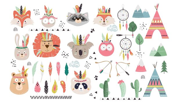 Big set with cute tribal inidan animals faces owl, bear, bunny, fox, lion, panda, wigwam teepee, arrows, feathers, dream catcher, cactus, forest. Vector illustration.