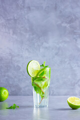 Mojito cocktail with lime and mint in tall glass. Fresh mojito in glass on a gray background. Refreshing mint cocktail with lime. Infused water. Copy space
