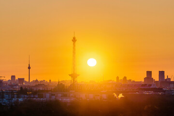 Berlin sunrise cityscape view with television tower and radio tower