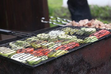 vegetables on the grill. cooking on coals. pepper, onion, zucchini