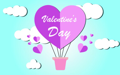 Valentines day greeting card typography background hearts flying heart shaped hot air baloon flying in the sky.