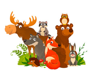 Vector illustration of happy wild animals standing together. Forest friends. Cartoon picture of fox, wolf, raccoon, hare, owl, hedgehog, elk, bear.
