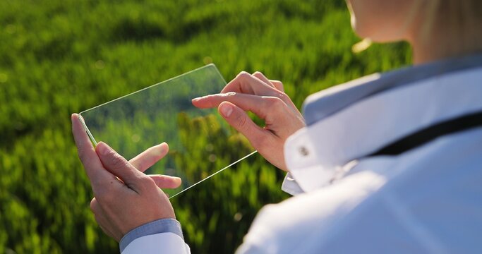 View over shoulder of male ecologist in white gown tapping on glass transparent screen. Close up of futuristic device in field. Touchscreen of hi-tech. Scientist with tablet of future in hands.
