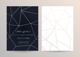 Vector modern design wedding invitation. Dark background with geometric rose gold pattern