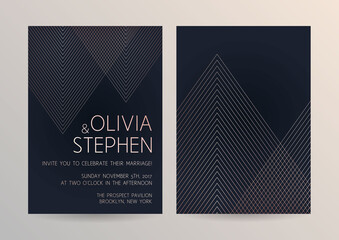 Vector modern design wedding invitation. Trendy geometric stripes pattern on a dark background. Rose gold color