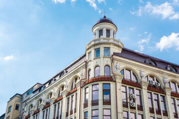Fototapeta premium BUCHAREST, ROMANIA - August 28, 2017: antique building view in Old Town Bucharest, Romanian