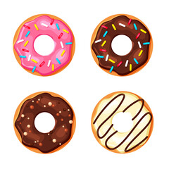 Cartoon colorful donut set isolated on white background. Top view sweet sugar doughnuts. Vector illustration in a trendy flat style.