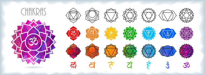 Collections and set of yoga symbols. Hindi literature and scriptures