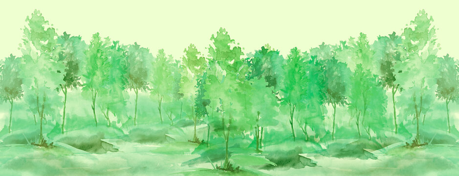 Summer  landscape, forest, park. Silhouettes of trees and bushes. Linear curb. Mixed forest - oak, ash, maple, birch. Watercolor paint splash. Scenery.Watercolor painting, picture. Art banner
