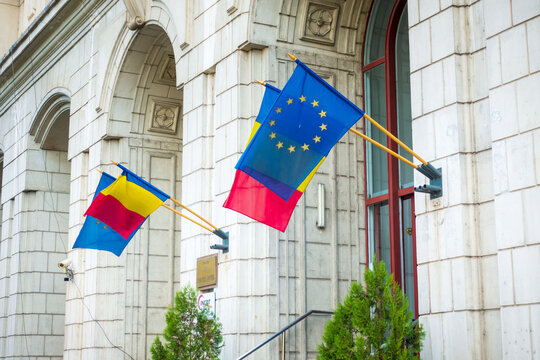 BUCHAREST, ROMANIA - August 28, 2017: Romanian and EU flag in Bucharest