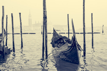 Gondolas in Venice, Italy. Beautiful view of Venice from San Marco embankment.