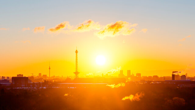 Berlin sunrise cityscape view with television tower and radio tower