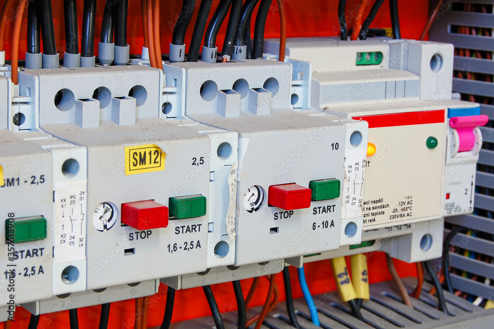Poster electrical equipment. automatic circuit breakers in a row. electric switches in fusebox.