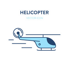 Helicopter icon. Vector flat outline illustration of a flying chopper. Represents a concept of air travel, journey, adventures, rescue mission, lifeguards