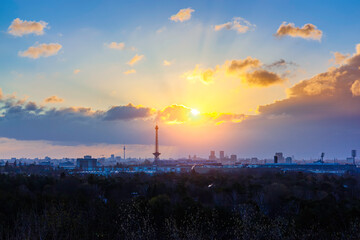 Berlin sunrise cityscape view with television tower and radio tower