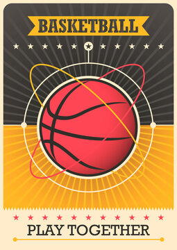 Retro poster with basketball ball. Vector illustration.