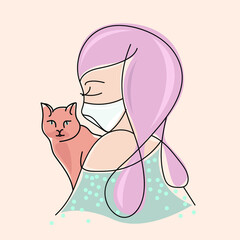 Girl wearing a mask and holding a cat.Protection against virus, pollution, allergy. Coronavirus, Covid-19 awareness.Colorful vector illustration with cute woman and feline pet.