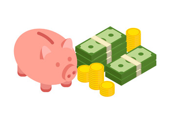 Big stacked dollar pile of cash, gold coins and piggy bank in a trendy isometric style. Vector illustration isolated on white background.