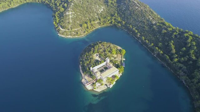 Aerial view of beautiful green islands on turquoise water. Mediterranean scenery.  The Mljet National Park in Croatia with Veliko and Malo Lakes. 