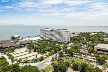 Manila, Philippines - June 2020: Aerial of Seascape Village and Sofitel Philippine Plaza. Part of...